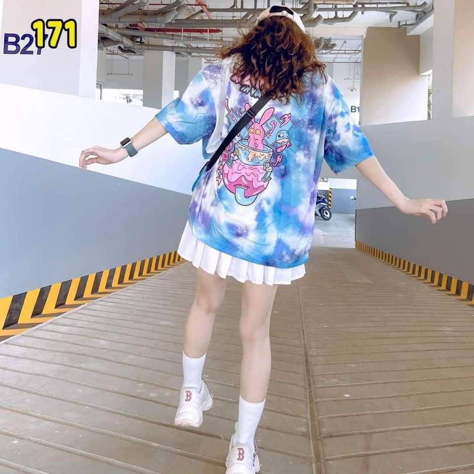 Áo Phông Thun Rộng Freesize Thỏ KAWAII Màu Loang Xanh Tím - Chất Liệu Vải Mịn, Thun Mát Lạnh