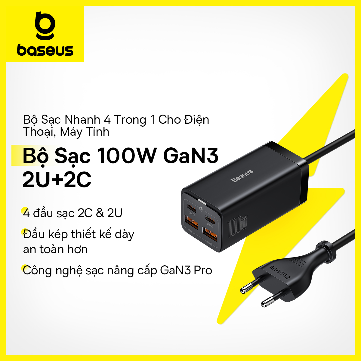 Bộ sạc nhanh Baseus 100W GaN3 Pro USB C Charger 4-Ports Desktop Fast Charger with 5ft AC Cable for MacBook Pro/Air iPhone 13/12 iPad Pro Samsung Galaxy