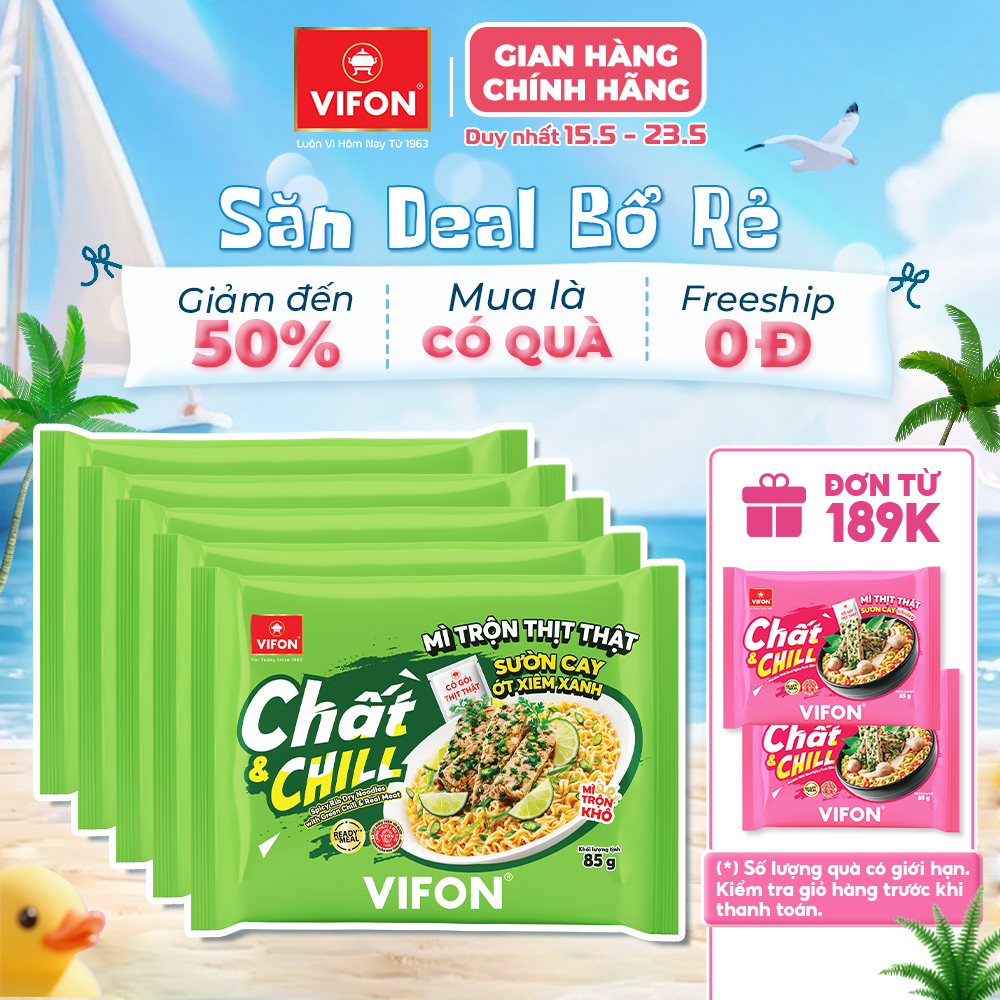 Set of 5/Set of 10 Packs of Vifon Mixed Noodles with Real Meat, Spicy Ribs, Green Siamese Chili 85g – Spicy Thai Mixed Noodles, Tasty and Invigorating