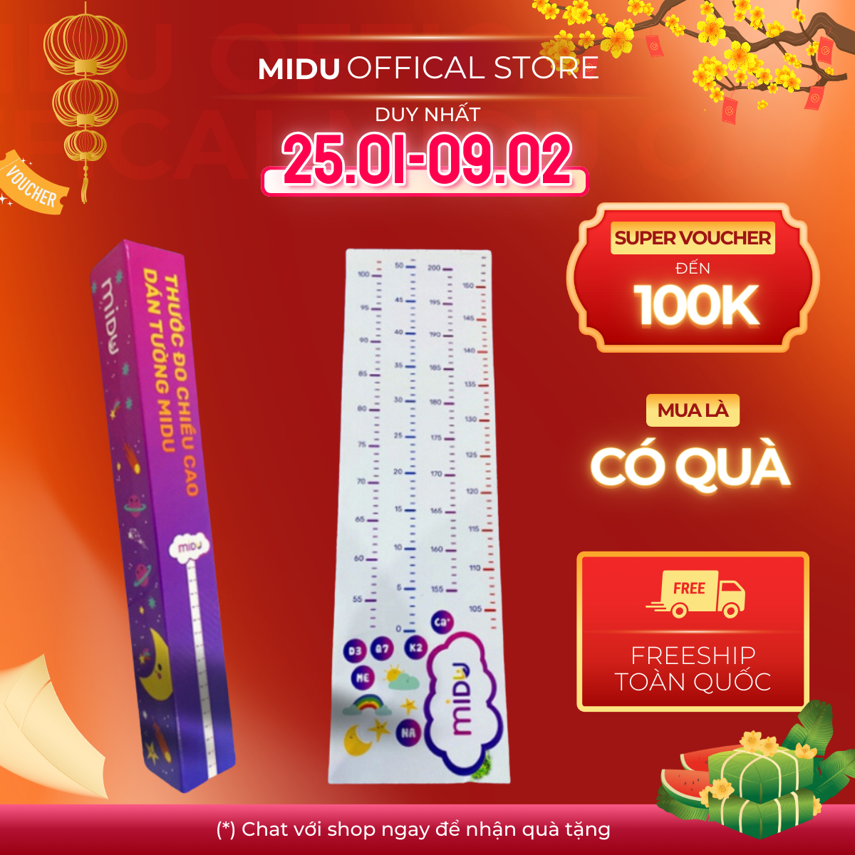Thước đo chiều cao Midu dán tường Midu chống thấm, chống trầy xước chiều dài 2m