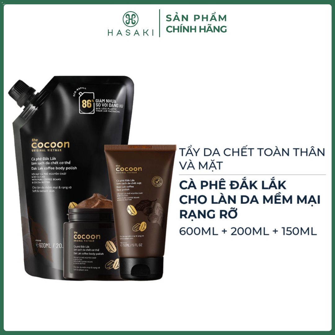 Combo Cocoon Tẩy Da Chết Toàn Thân 600ml + 200ml  Tẩy Da Chết Mặt 150ml Hasaki Sản Phẩm Chính Hãng