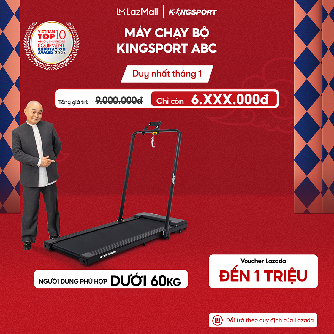  CHỈ GIAO MIỀN BẮC | Máy chạy bộ KINGSPORT ABC thảm chạy kim cương tốc độ tối đa 8km h kèm khóa an toàn 