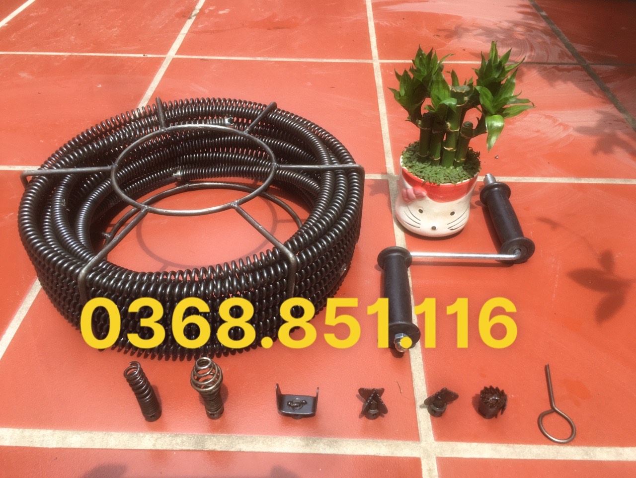 Dây thông tắc cống lò xo dùng tay quay dài 18m + 6 đầu thông + tay quay