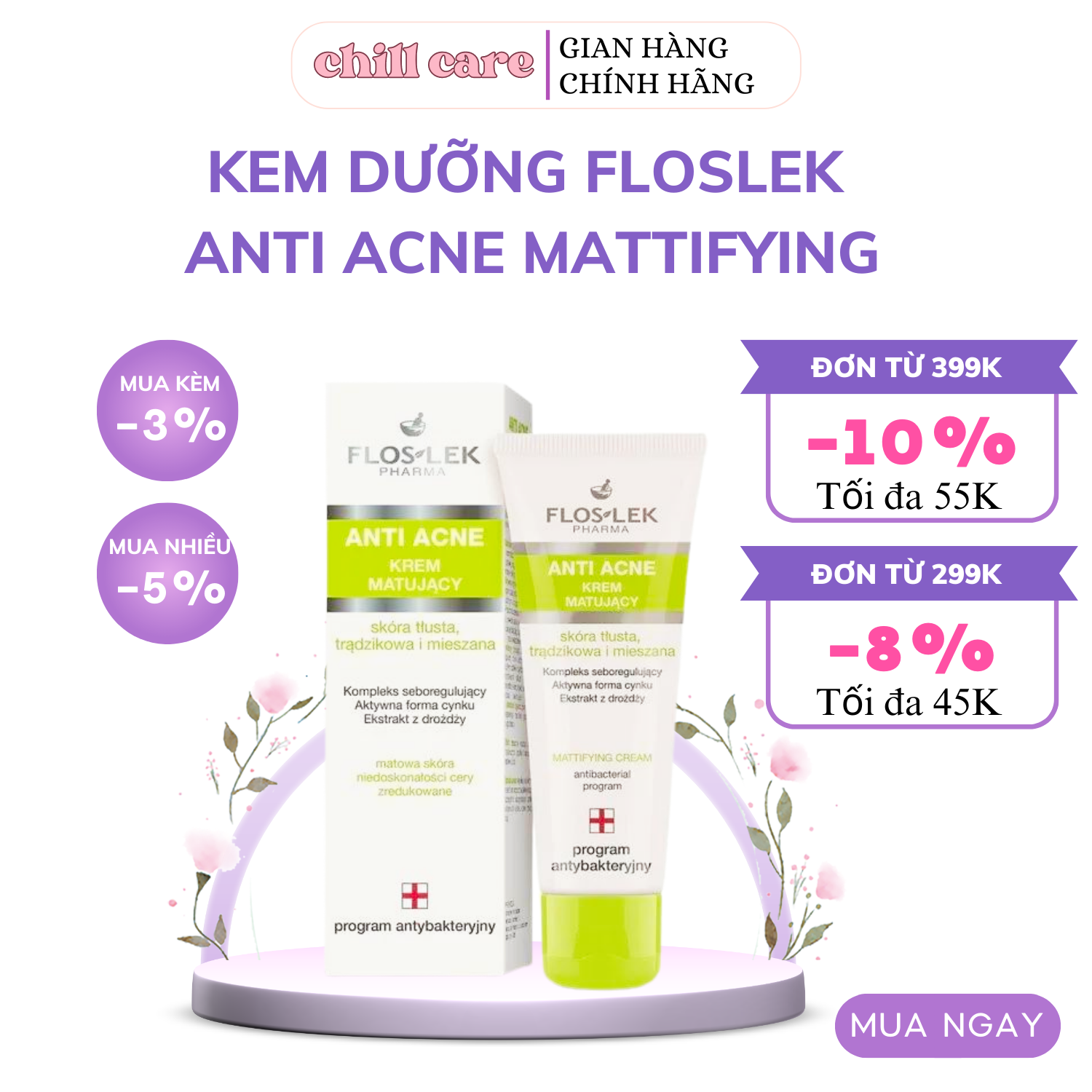 Kem Dưỡng Ẩm Cho Da Dầu Mụn Floslek Mattifying Anti Acne Mattifying Cream 50ml
