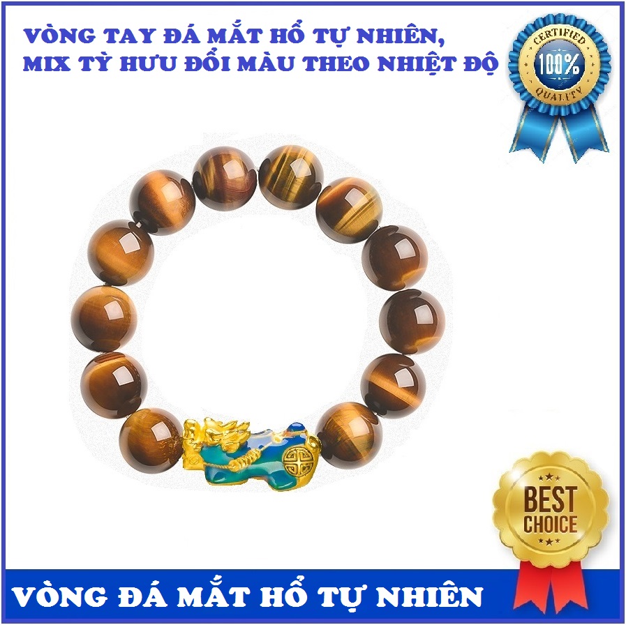Vòng tay đá mắt hổ vàng đen tự nhiên 10mm cao cấp mix tỳ hưu đổi màu theo nhiệt độ cơ thể, vòng phong thủy tốt cho sức khỏe, mang lại may mắn tài lộc