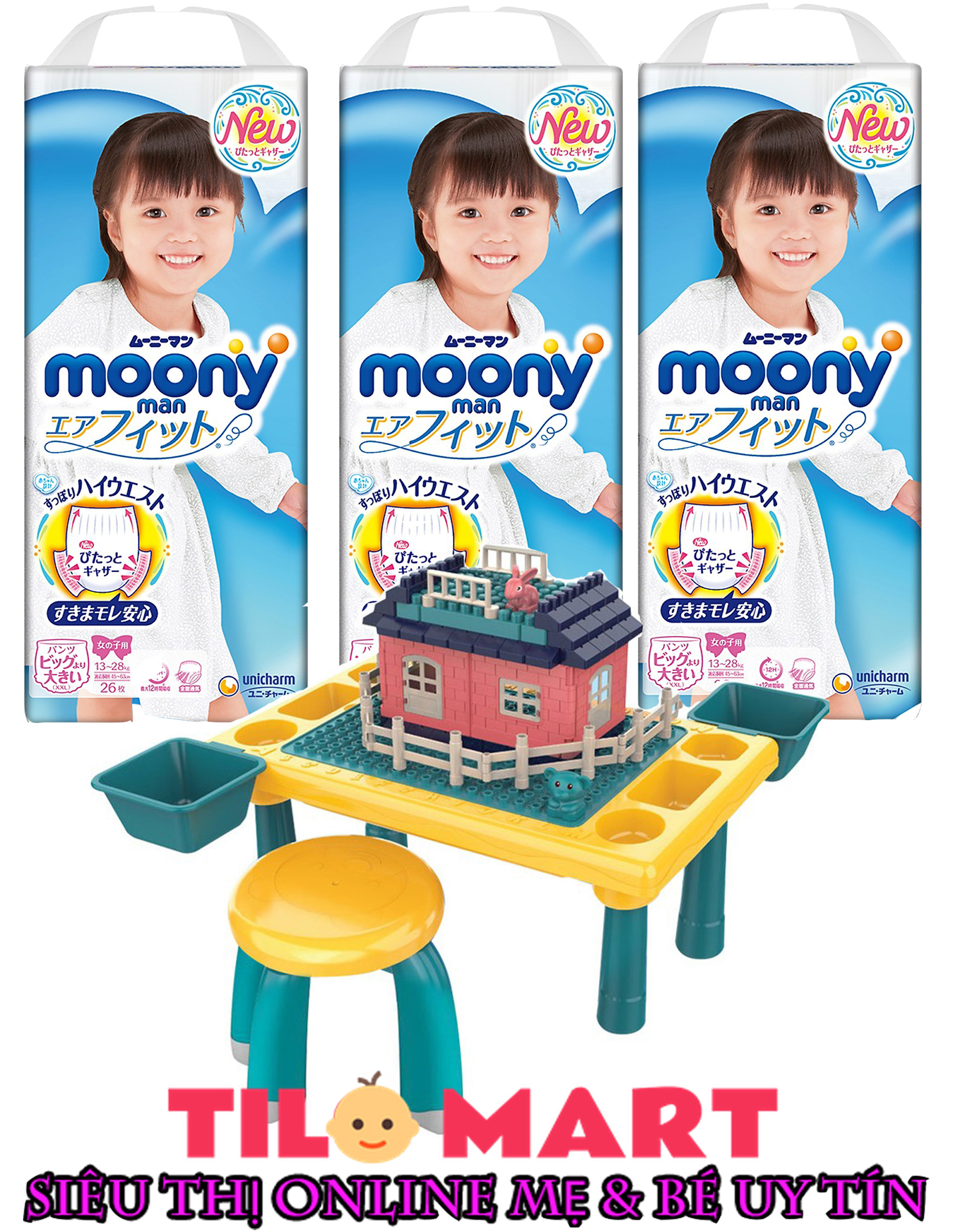 Bộ 3 gói Tã quần Moony bé gái size M58/L44/XL38/XXL26 tặng bàn lắp ghép lego đa năng kèm ghế