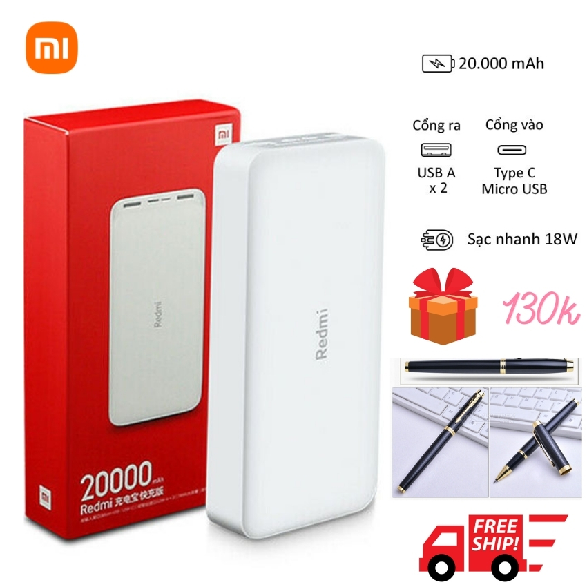 [ Freship + Quà 130k ] Pin sạc dự phòng Xiaomi Redmi 20000mah sạc nhanh 18W. Hàng chính hãng bảo hành 6 tháng 1 đổi 1