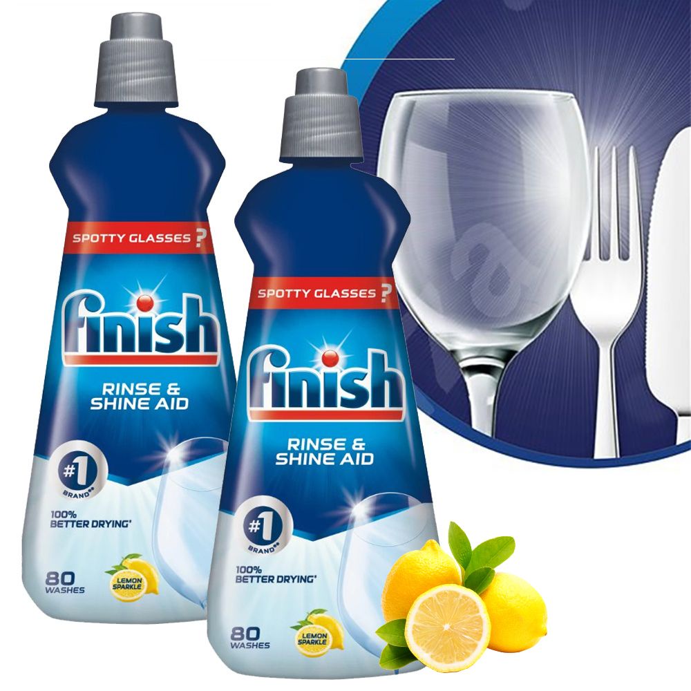 Combo 2 chai nước làm bóng và khô bát, đĩa Finish Dishwasher Rinse & Shine Aid Lemon 400ml - hương chanh, nước trợ xả chuyên dụng