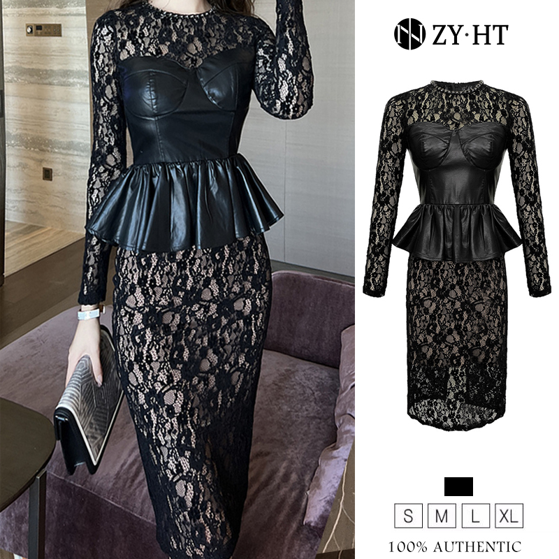 ZYHT eravogue đầm ren Khâu da PU đầm body nữ ôm body đầm đen sang chảnh dự tiệc 10194