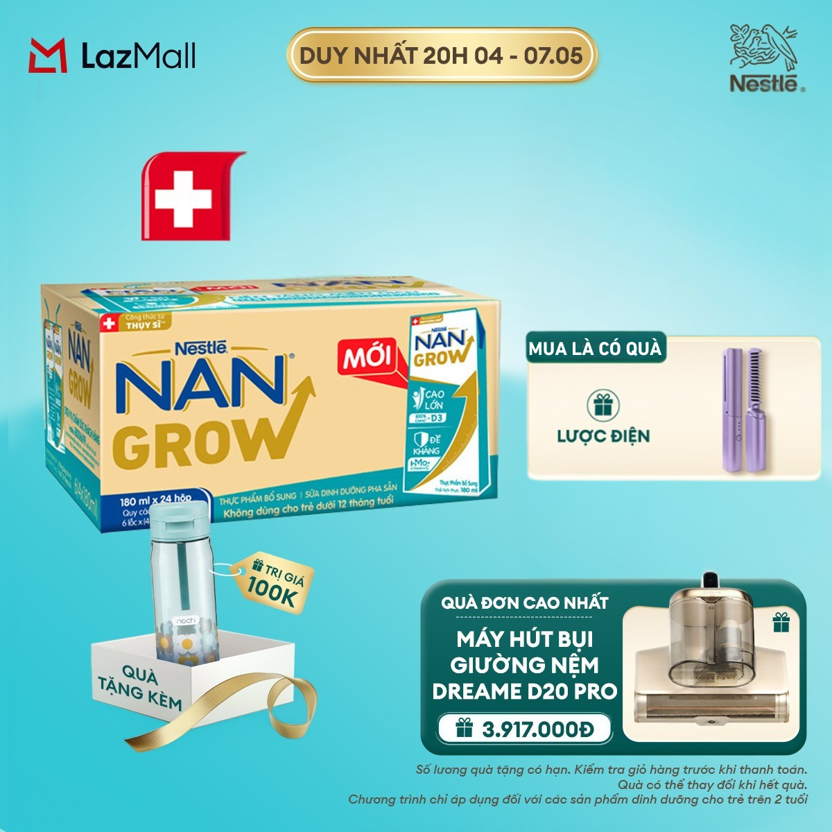 [CHỈ 20H 04-07.05 QT mọi đơn hàng] [Tặng Bình nước Inochi] Thùng 24 hộp Sữa Dinh Dưỡng Pha Sẵn Nestlé NANGROW 180ml cho bé trên 1 tuổi  - Sữa nước vị nhạt công thức từ Thụy Sĩ