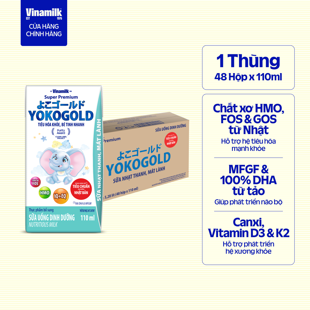 Thùng 48 hộp sữa bột pha sẵn YOKO GOLD 110ml - Sữa nước Dưỡng chất tốt từ Nhật Bản, Vị Nhạt thanh mát, Tiêu hóa khỏe, giúp trẻ dễ hấp thu (Sữa dành cho trẻ em trên 1 tuổi)