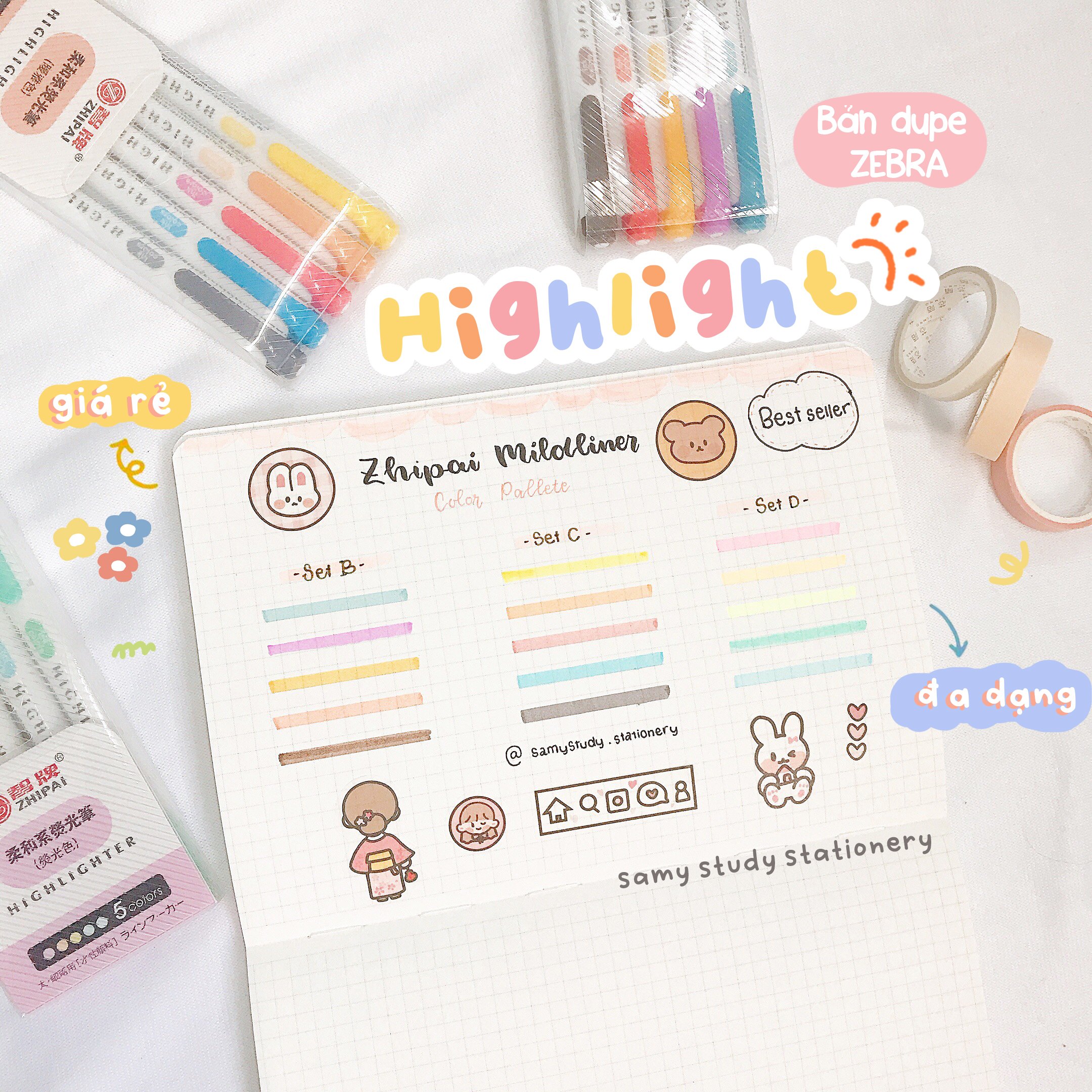 Set 5 Bút Highlight Đánh Dấu 2 Đầu Zhipai DUPE Zebra Mildliner Take notes Bullet Journal Samy