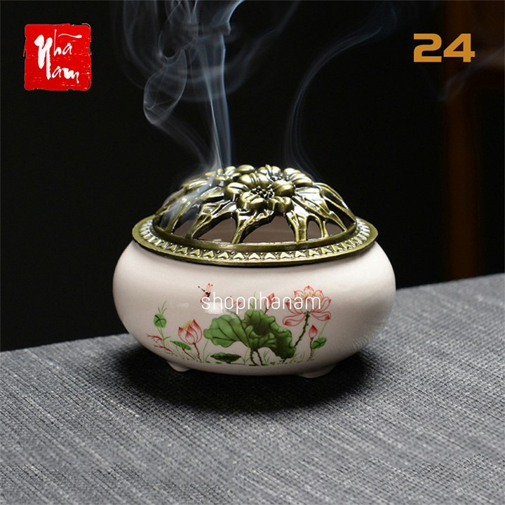 Lư hương, lư xông trầm hương, đỉnh đốt nhang gốm sứ, lư hương họa tiết Nhã Nam