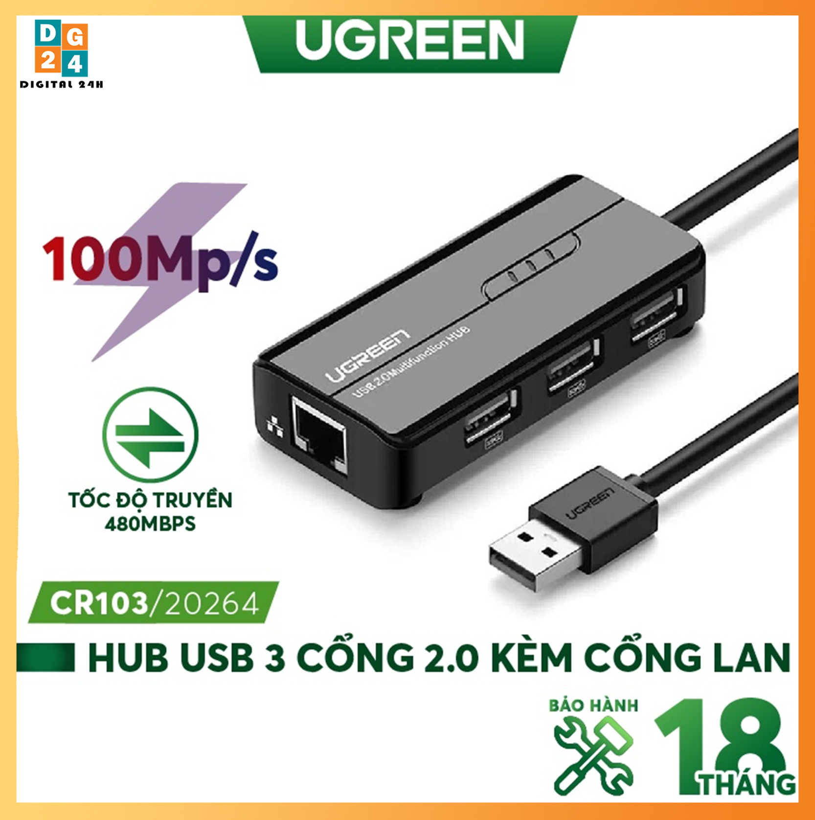 Cáp chuyển usb 2.0 sang lan 10/100mbps tích hợp hub usb 2.0 3 cổng ugreen cr103 20264
