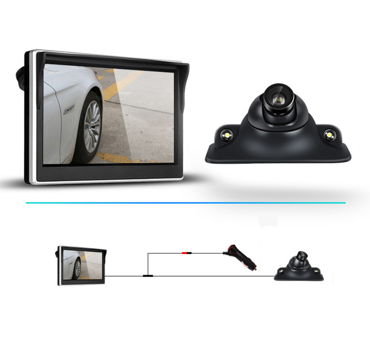 Bộ màn hình 5 inch và camera căn lề cho xe hơi. Màn hình LCD đặt taplo, độ phân giải 480x272. camera 720p