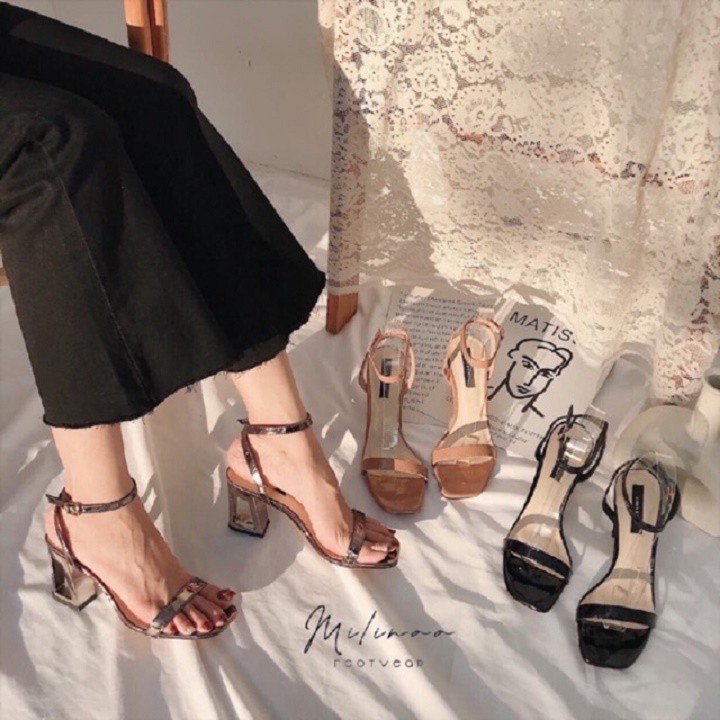Giày sandal cao gót nữ quai ngang da bóng gót trụ khoét lỗ siêu hot cg-0368