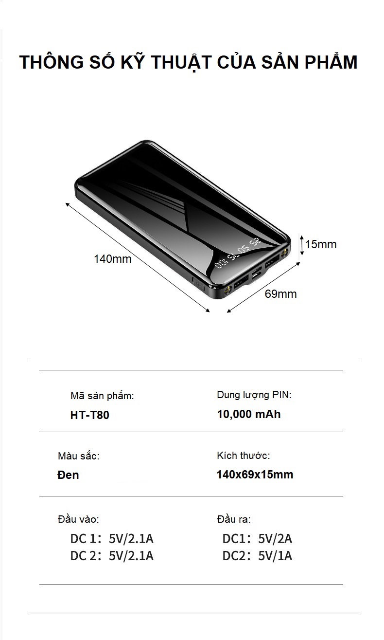 Pin dự phòng siêu mỏng có sạc kép dung lượng 10000mAh có LED hiển thị đèn PIN siêu sáng - ATDTECH