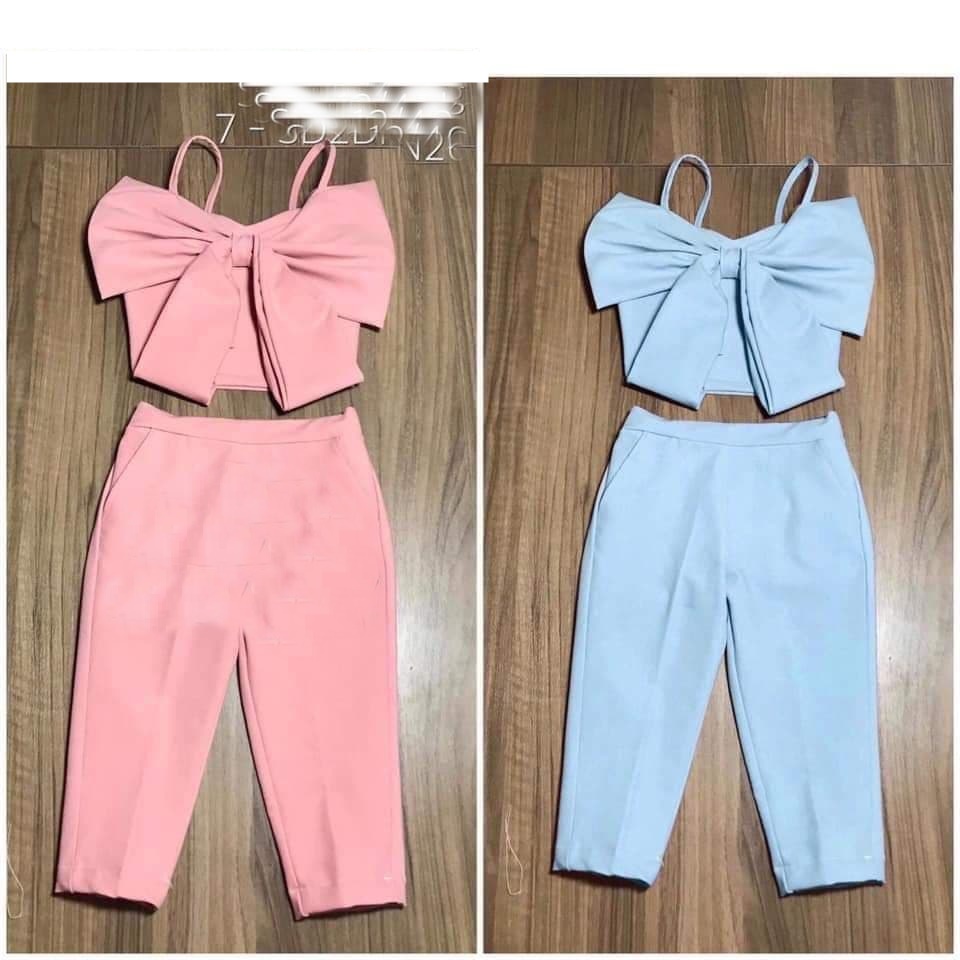 [HCM]Set bộ quần áo bé gái siêu xinh áo croptop nơ to và quần ôm cho bé từ 7kg đến 20kg (màu hồng xanh đỏ vàng)