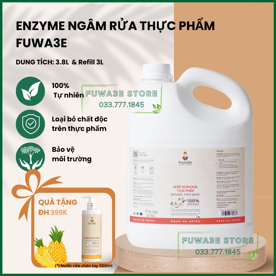 Nước ngâm rửa thực phẩm Fuwa3E Can 3.8L, nước enzyme dứa 100% khử độc thực phẩm, loại bỏ TBVTV, khử mùi tanh hôi trên thịt cá - Fuwa3E Store HaNoi