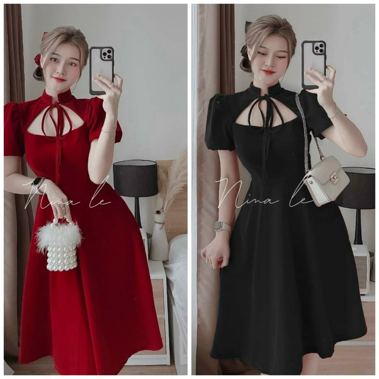 Đầm xòe cổ cột nơ xinh xắn
