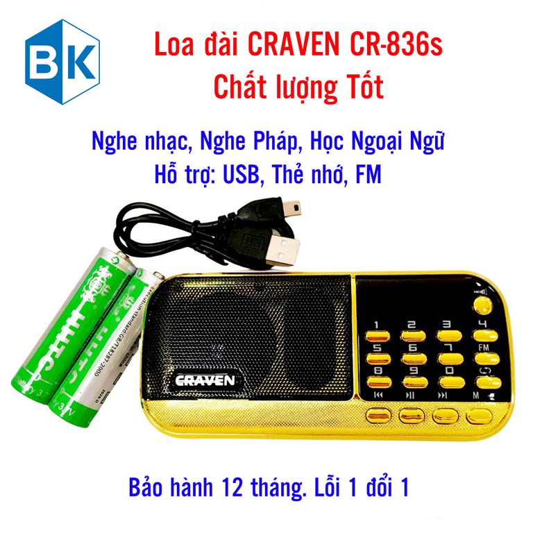 [HCM]Loa đài CRAVEN CR-836s Pin siêu lâu Nghe nhạc/Nghe pháp/Bé học tiếng Anh/USB/Thẻ nhớ/FM chất lượng tốt