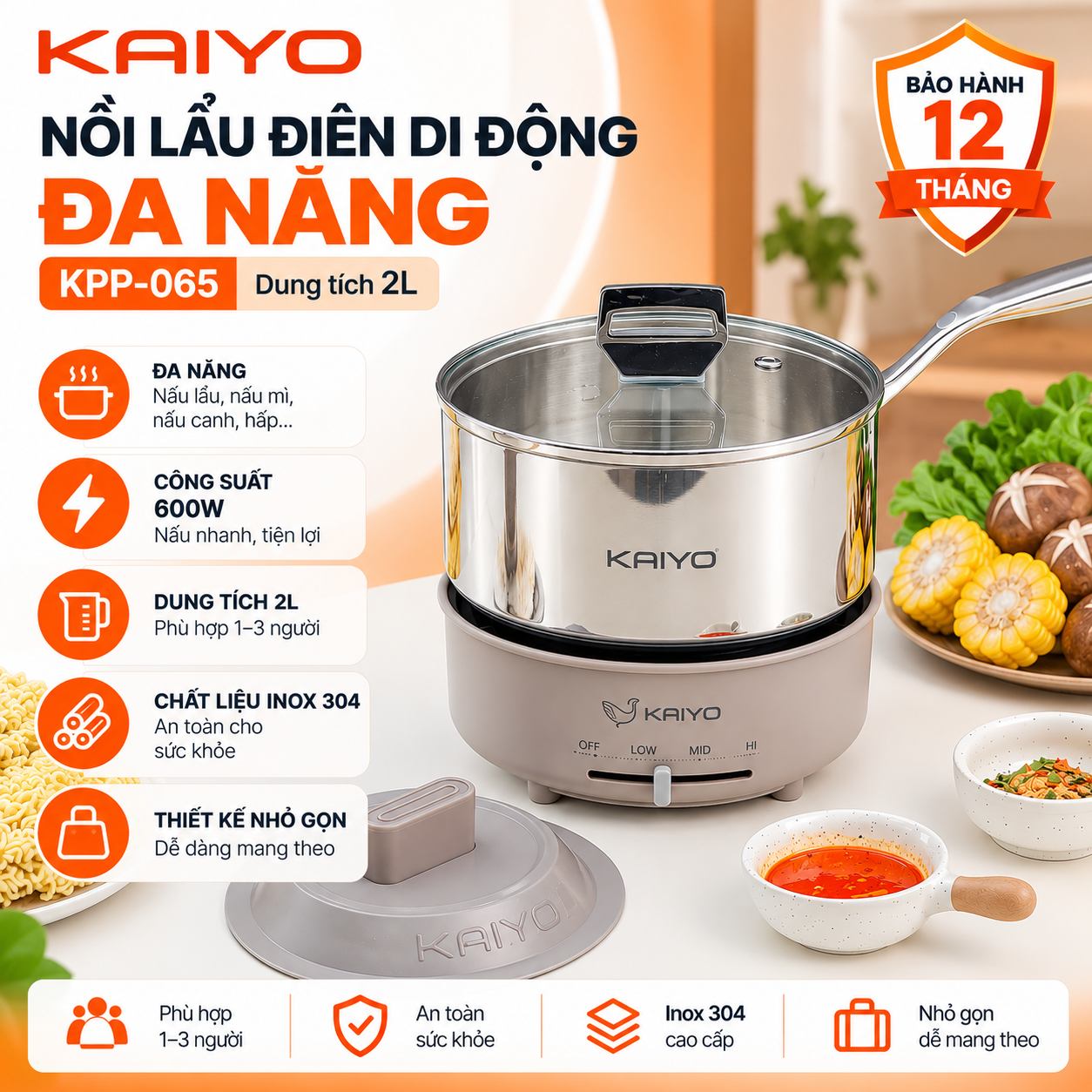 Kaiyo Kpp-065 2L Multifunctional Electric Hot Pot – Portable, Foldable Electric Pot, Convenient for Cooking Hot Pot and Noodles, Easy to Carry, Genuine Product
