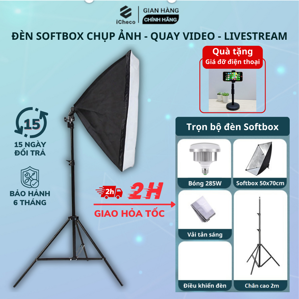 Bộ đèn studio chụp ảnh, Quay phim, Livestream bán hàng hỗ trợ sáng chuyên nghiệp, cao 2m softbox 50x70cm
