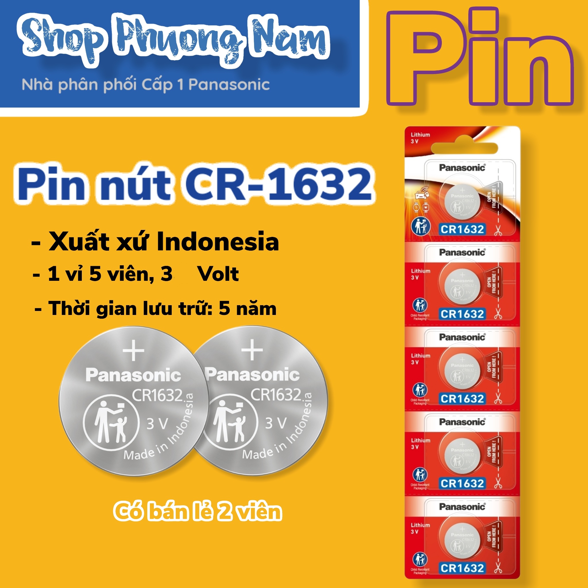 Pin micro Lithium 3V Panasonic CR-1632, CR1632
