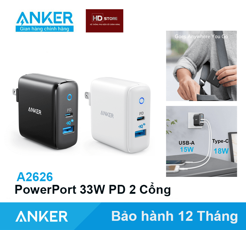 Củ sạc anker powerport 33w 35w pd + 2 cổng - a2626 a2636 a2630 hd store