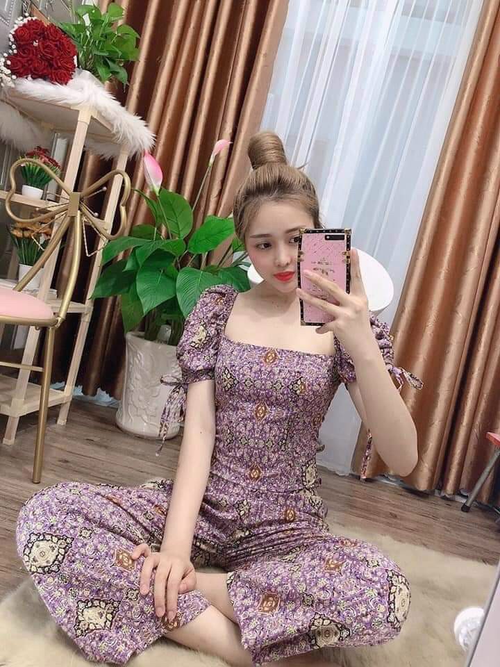 [HCM]Set Bộ Thổ Cẩm Cổ Vuông Quần Ống Rộng Tôn Dáng Thiết Kế Thời Trang ( tím )