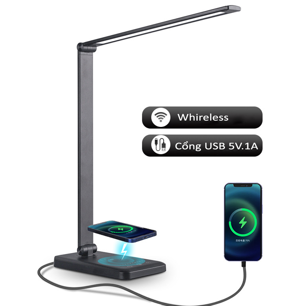 Đèn bàn làm việc Led 5 chế độ ánh sáng 8W, Điều khiển cảm ứng, Tích hợp sạc điện thoại không dây - MT856