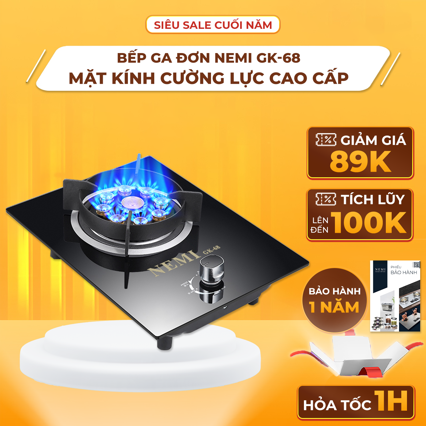 Bếp gas đơn nemi gk-68 mặt kính cường lực phù hợp lắp âm và dương, tích hợp 9 đầu đốt ngọn lửa xanh, bếp ga mini