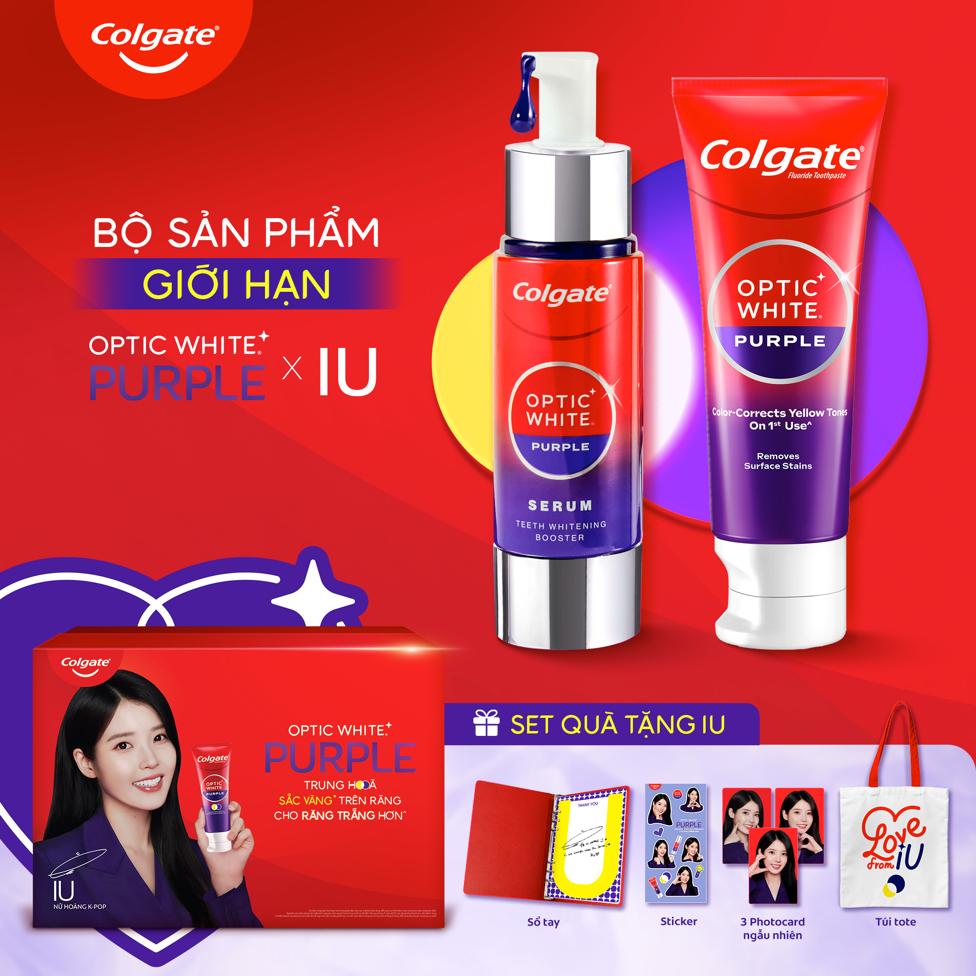 [Chỉ 15-17.4_X2 Voucher giảm đến 18%] Bộ sản phẩm giới hạn Colgate trắng răng Optic White Purple x IU - Kem đánh răng và Serum tím trung hòa sắc vàng, hỗ trợ răng trắng sáng, an toàn cho men răng