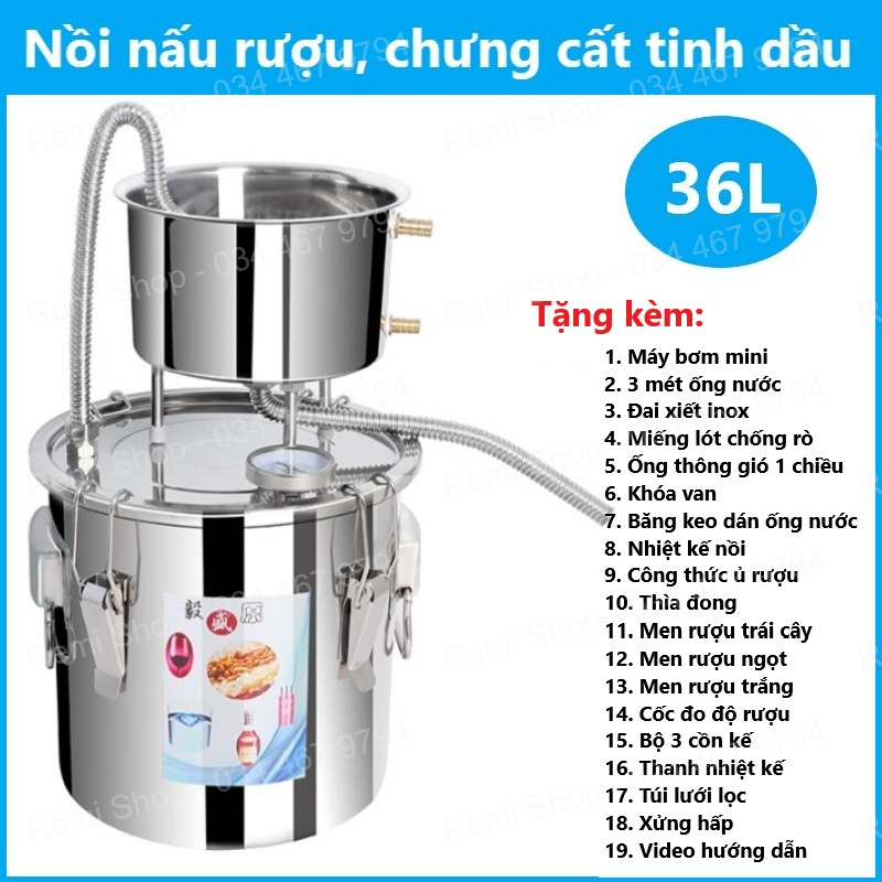 Bộ nồi nấu rượu INOX 36L (tặng máy bơm mini, bộ đo độ rượu và 3 loại men rượu) nồi chưng cất tinh dầu nước hoa hồng đa năng 36cm dùng với bếp điện, bếp từ, bếp gas, bếp củi. Nồi hấp xôi, ủ lên men rượu, nồi luộc gà hầm canh