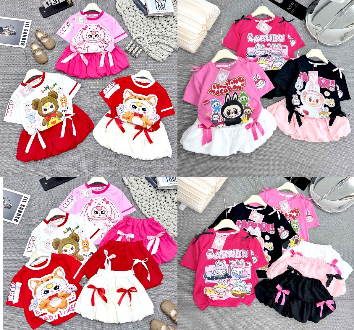 (15-40kg) Set thun cotton in hình Labubu ngộ nghĩnh phối CHÂN VÁY BÍ đính nơ xinh xắn cho bé gái