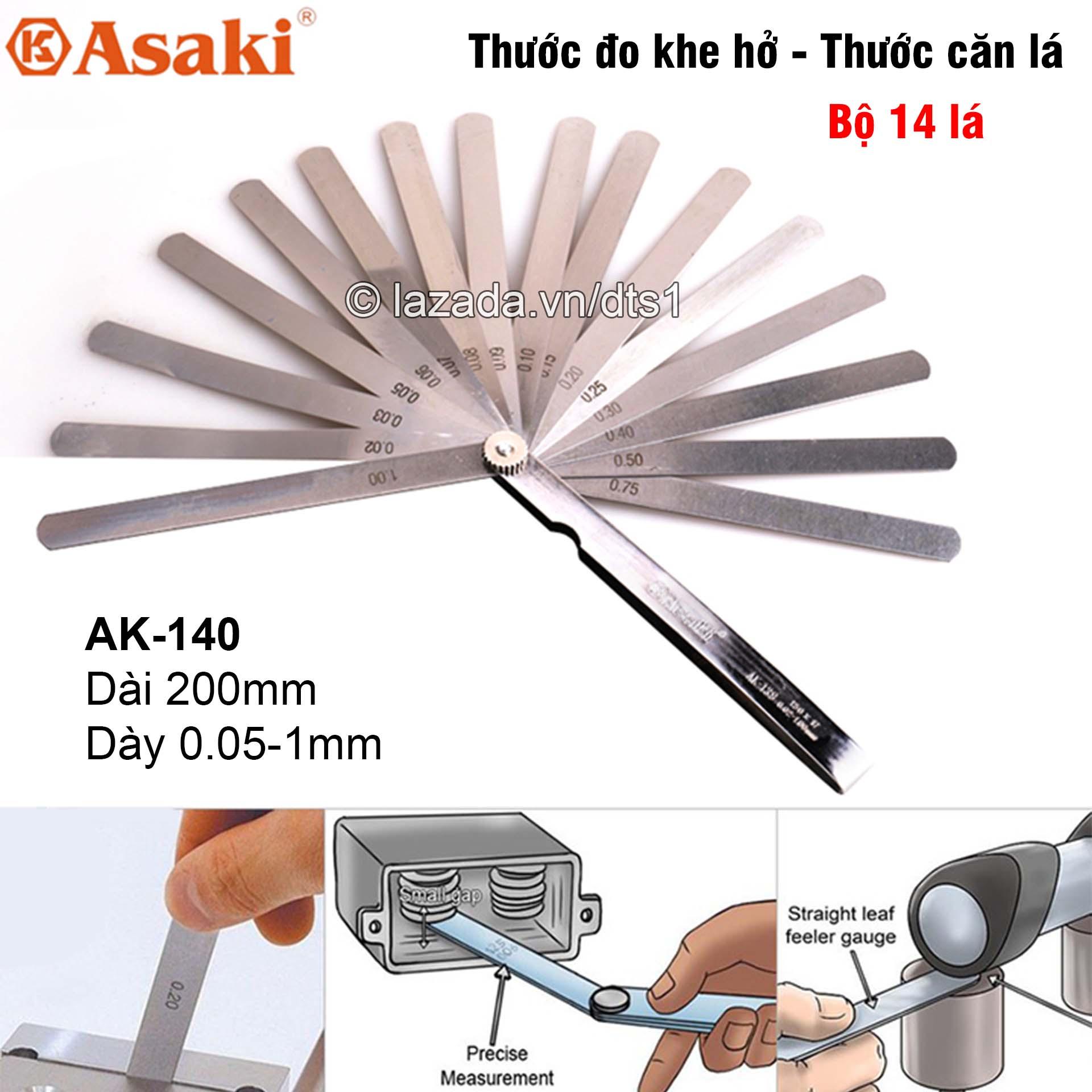 Thước căn lá - thước đo khe hở 14 lá 0.05-1.00mm asaki ak-140 200mm