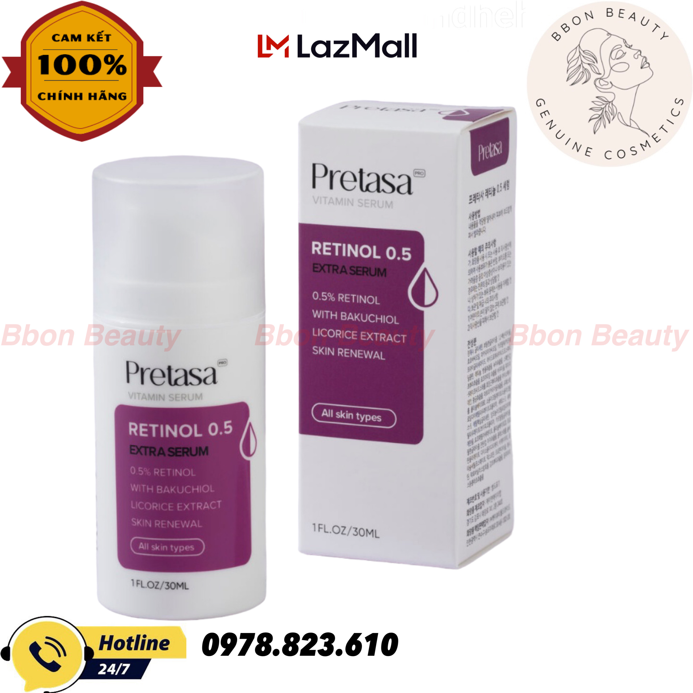 Serum pretasa retinol 0,5 extra trị mụn dưỡng da 30ml - bbon beauty chính hãng