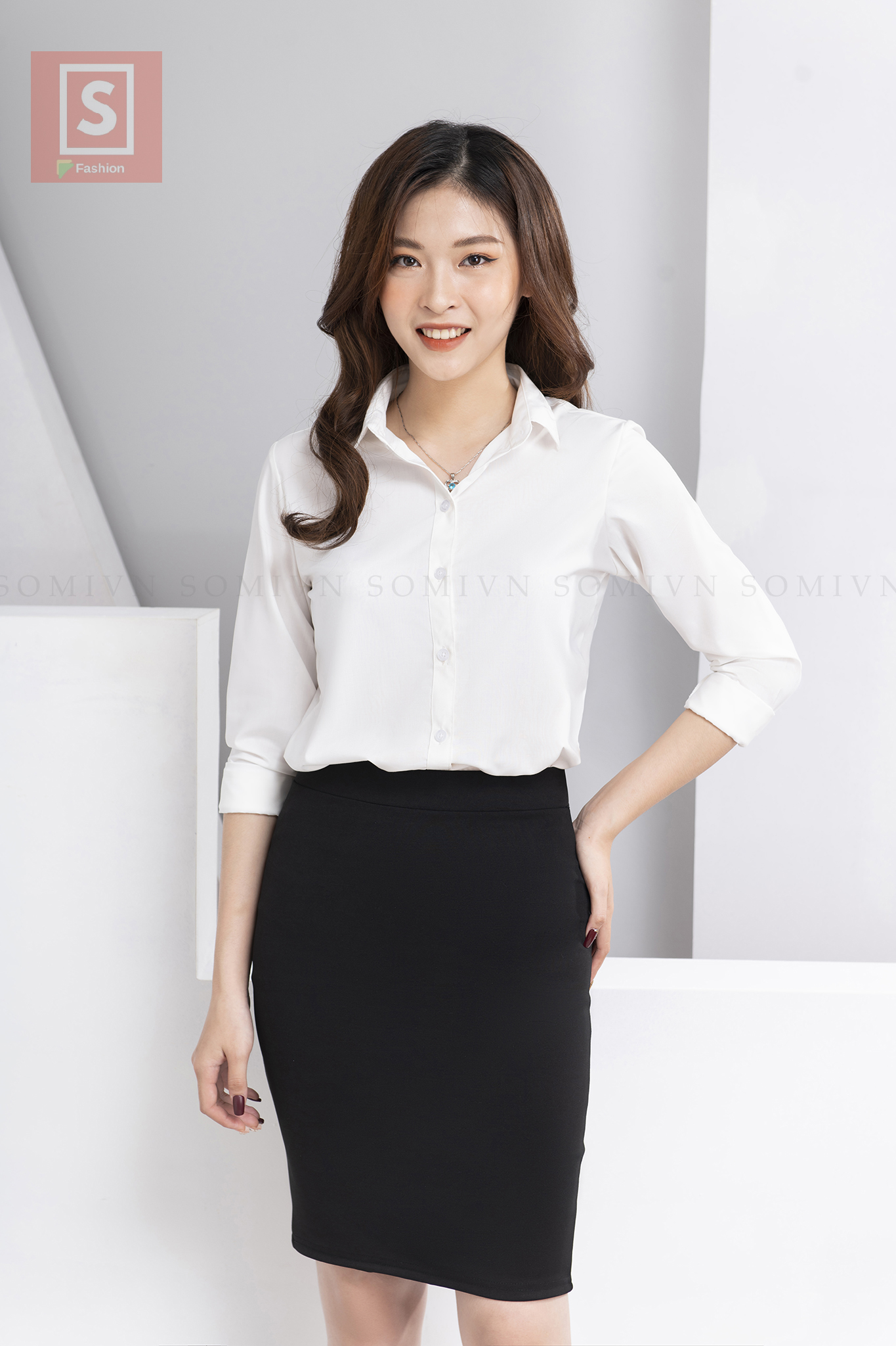 Áo sơ mi nữ công sở cao cấp tay dài dáng suông chất liệu chống nhăn