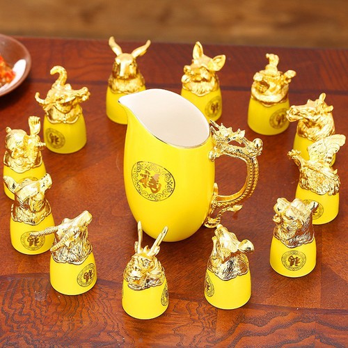 [quà tặng] Bộ Ly sứ 12 con giáp mạ vàng nhập khẩu, bao da 2 khóa cao cấp Sang Trọng và Tinh Tế, Quà tặng tài lộc cao cấp độc đáo