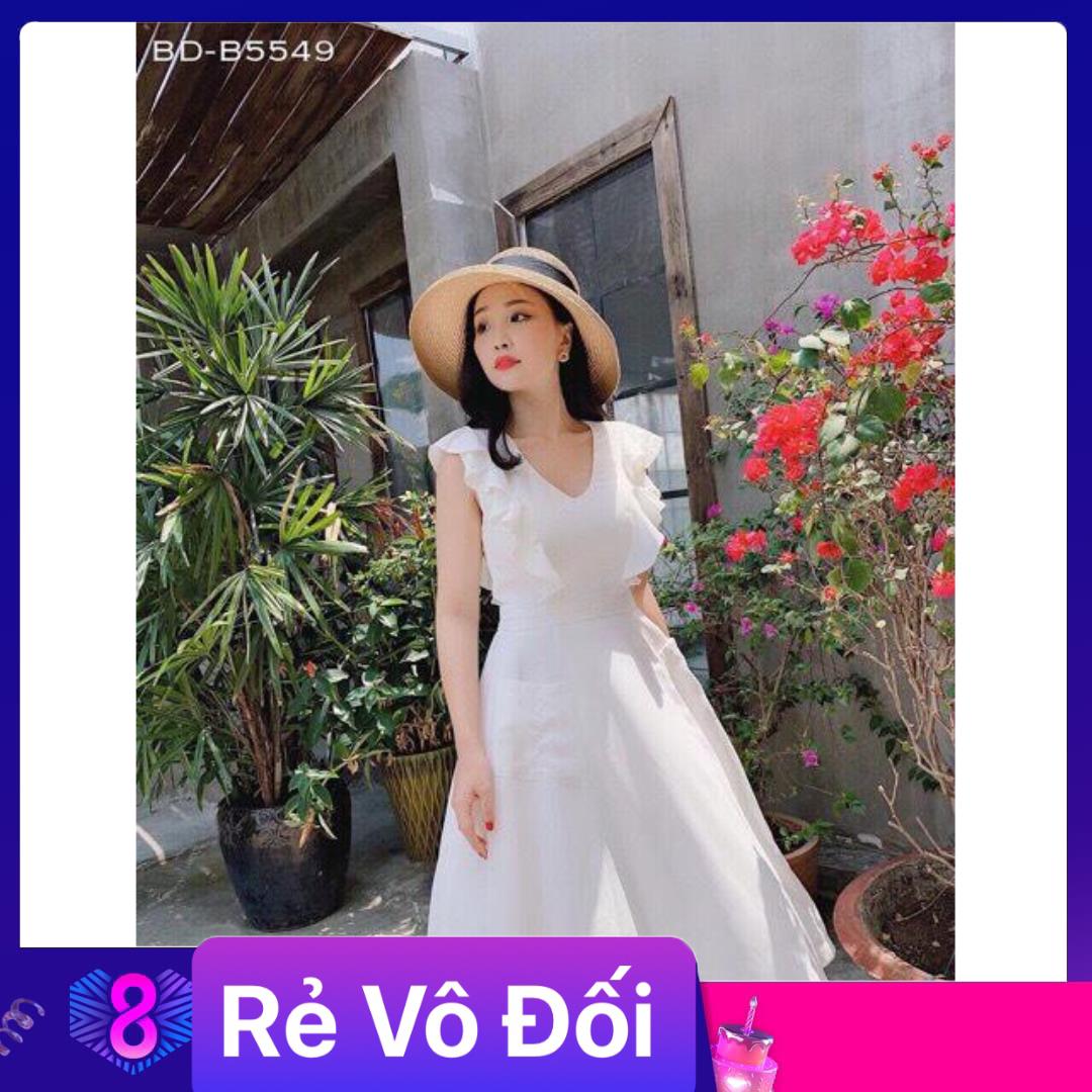 Đầm suông tay cánh tiên cổ tròn có túi chất kate lụa vàng trắng hồng