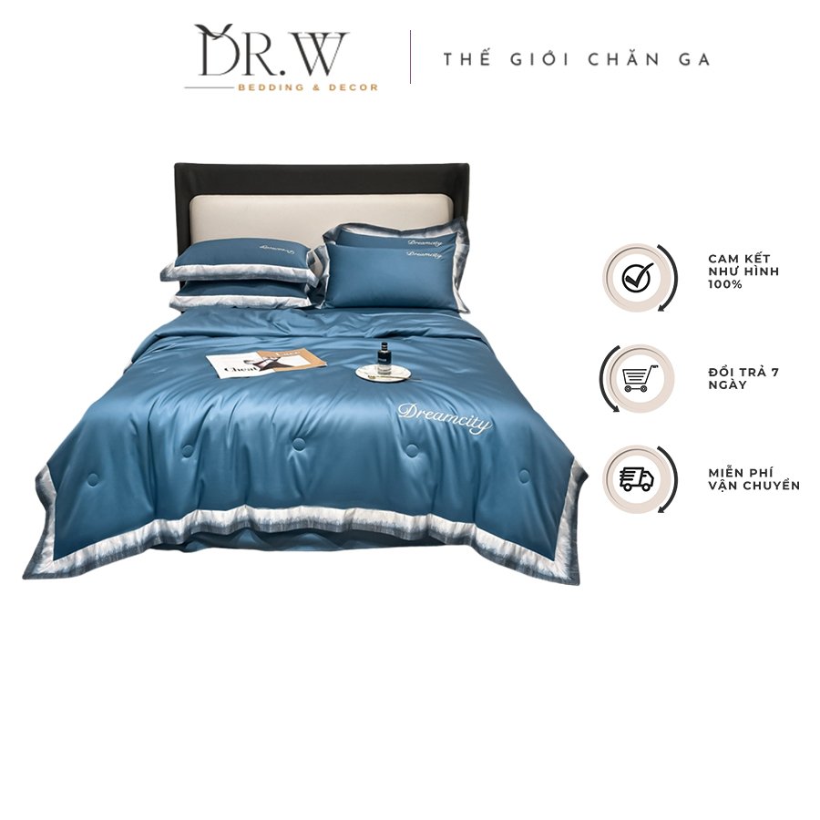 Bộ chăn ga ra gối set 4 món cotton lụa tencel chăn trần bông sẵn DR.W cao cấp mang phong cách tân cổ điện hiện đại bo chun drap giường - Thế Giới Chăn Ga