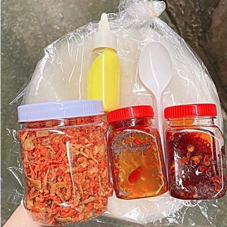 COMBO SỐT BÒ: Bánh tráng phơi sương chấm sốt bò muối tép hành phi bơ béo satế- Bánh tráng phơi sương muối nhuyễn