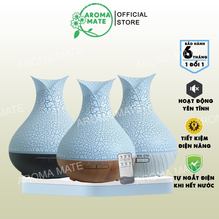 Máy xông tinh dầu hoa tulip vân rạn dung tích lớn 550ml kèm remote điều khiển aroma mate
