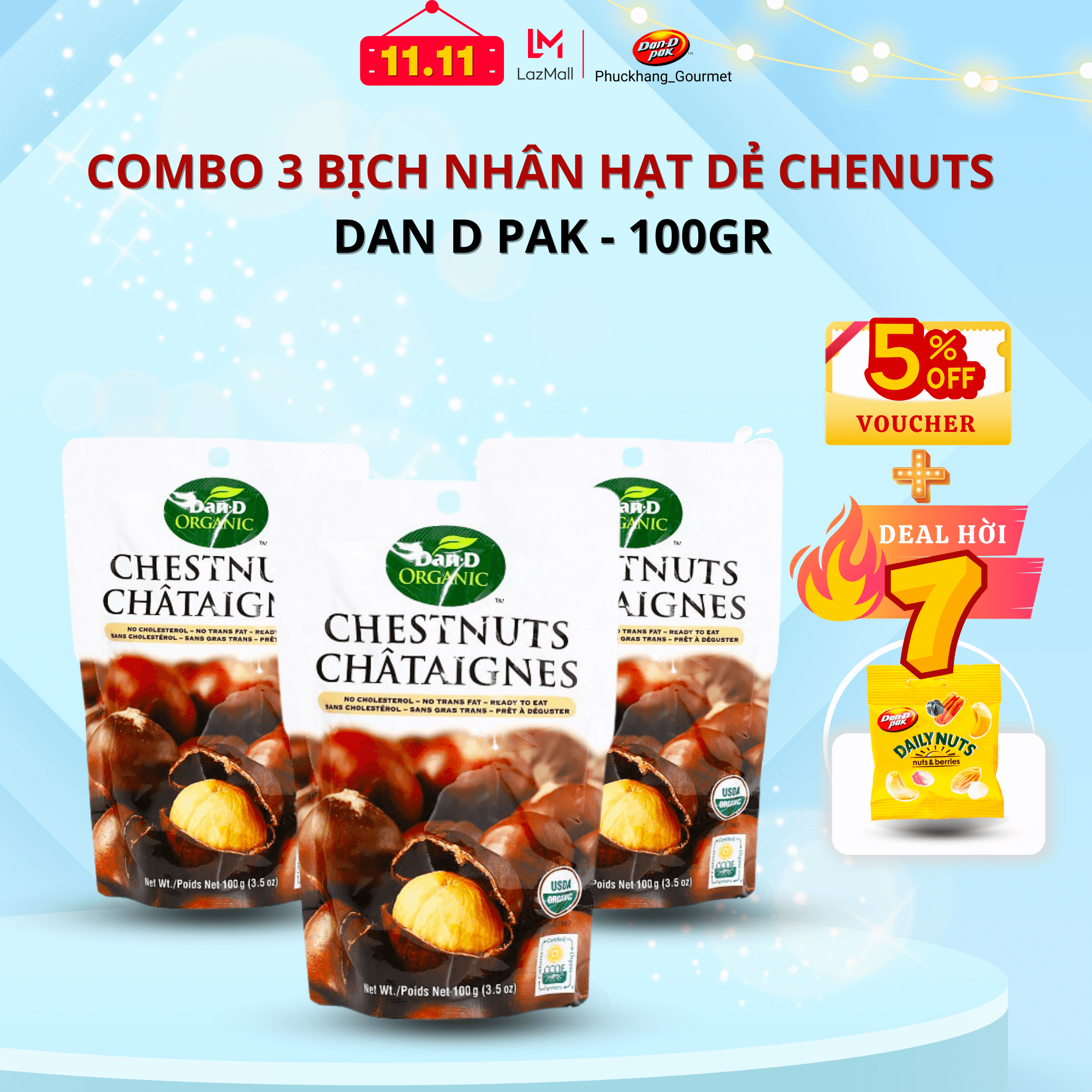 COMBO 3 GÓI HẠT DẺ TÁCH VỎ ORGANIC 100GR/GÓI DAN D PAK, tiêu chuẩn quốc tế, phù hợp với ăn kiêng, tốt cho sức khoẻ