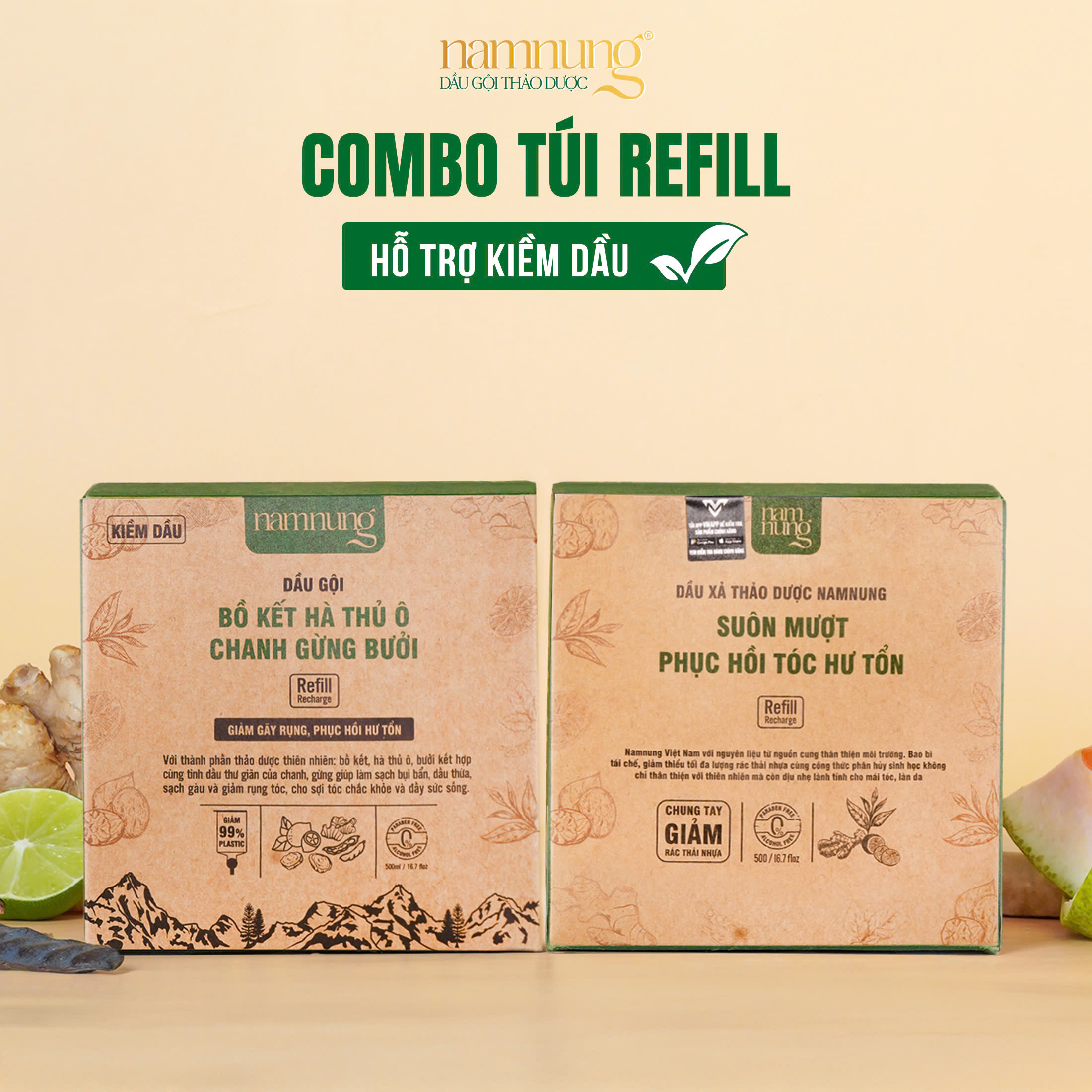  Túi refill dầu gội và dầu xả thảo dược NAM NUNG bản kiềm dầu 500ml - Giảm bết tóc ngăn ngừa gàu giảm gãy rụng phục hồi hư tổn 