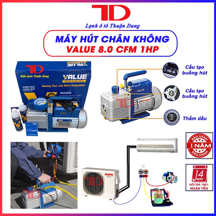 Máy hút chân không value dành cho vi280y 8.0 cfm 1hp có đồng hồ báo áp và rờ le tự ngắt vật tư điện lạnh ô tô thuận dung