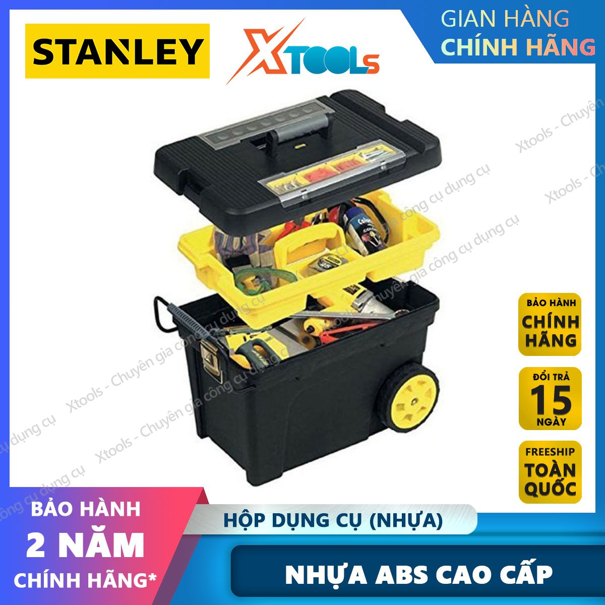 Hộp dụng cụ (nhựa) có bánh xe 61x42x38cm STANLEY 1-92-904. Hộp đựng nhựa ABS cao cấp, có thể chịu lực chịu nhiệtCó chốt khóa kim loại