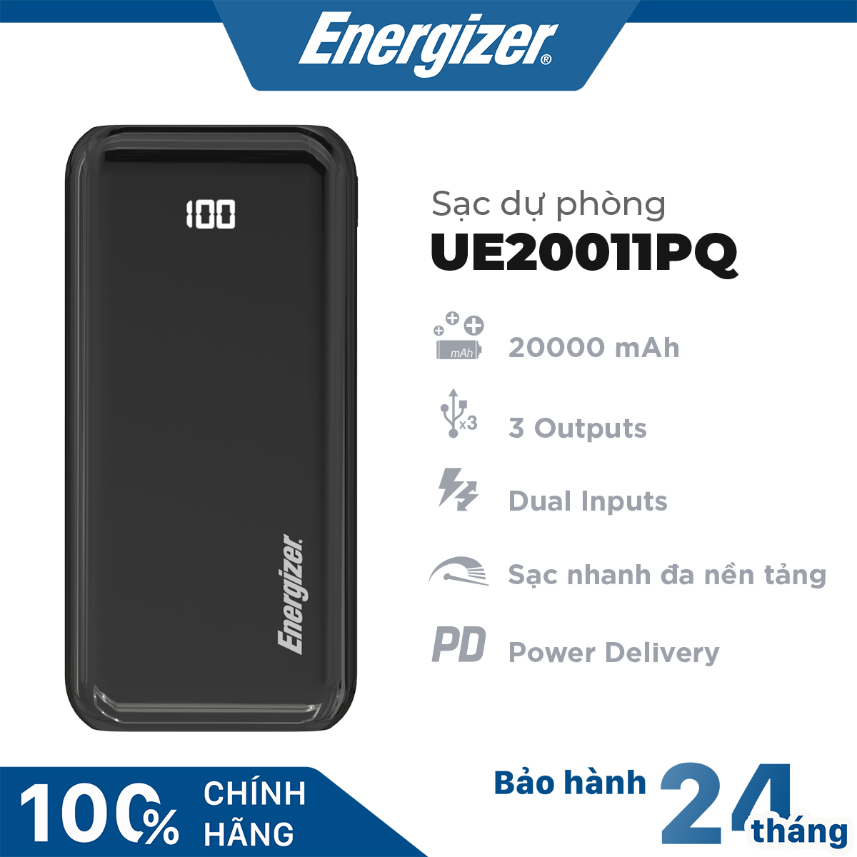 Sạc dự phòng Energizer UE20011PQ - 20000mAh hỗ trợ sạc nhanh đa nền tảng PD 18W, 3 cổng outputs, 2 cổng inputs