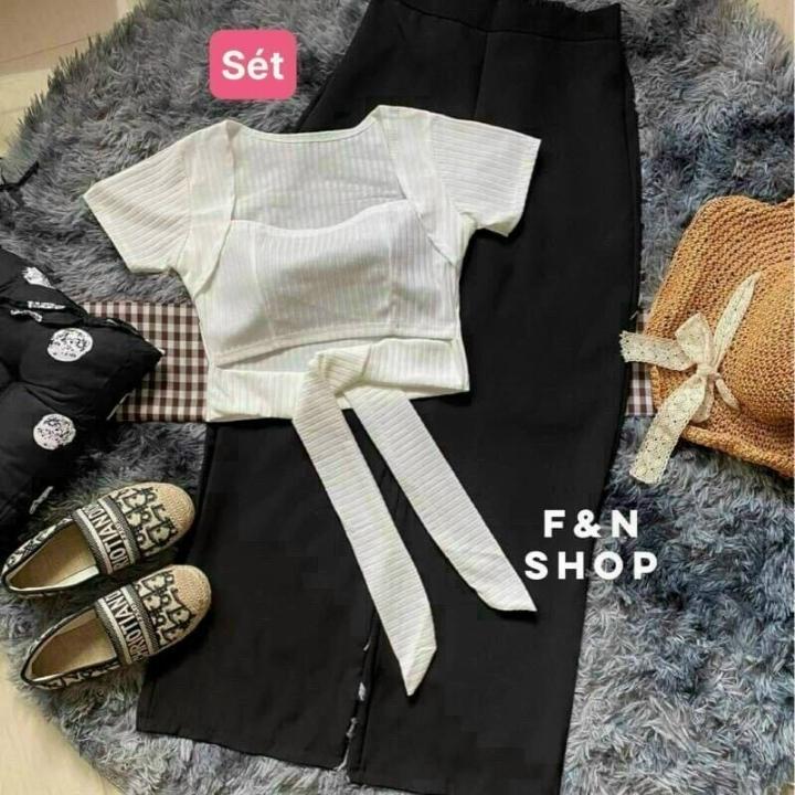 [freeship]Đồ bộ nữ mặc đi chơi đi làm gồm áo thun nữ ngắn tay áo thun croptop chất liệu thun gân có mút ngưc và quần dài ống rộng chất liệu kate lụa mềm mịn form dáng dưới 55kg tùy chiều cao