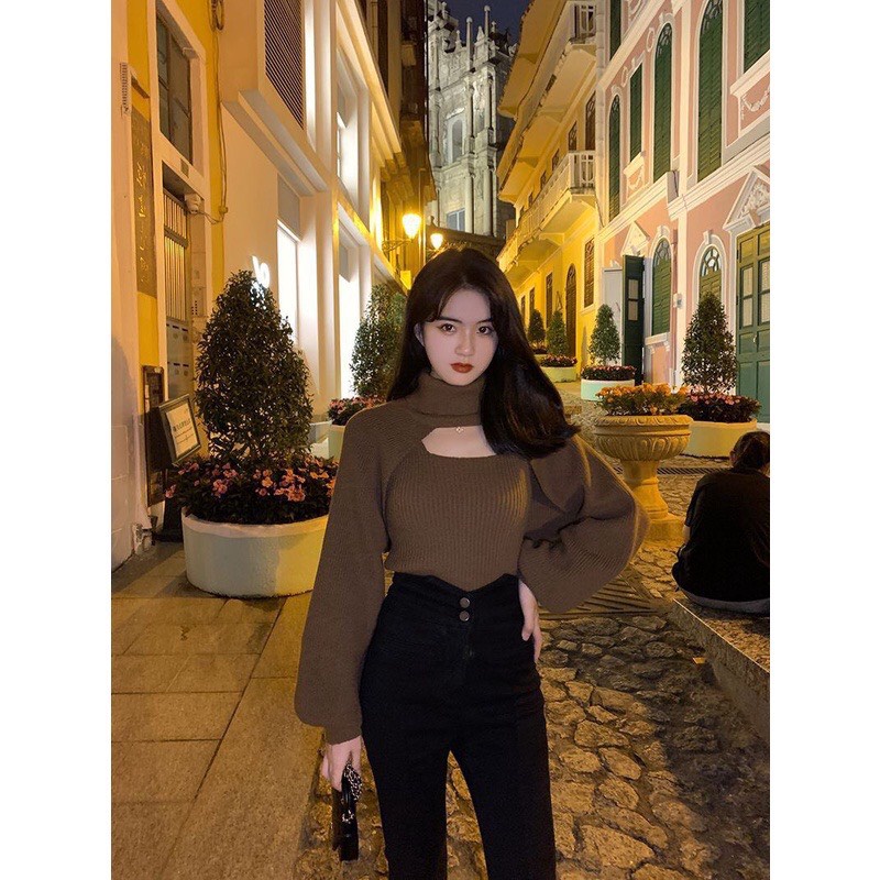 Set áo len khoét ngực kèm áo ba lỗ sexy, áo len tăm cổ lọ tay bồng chất len tăm siêu đẹp, mã 4282